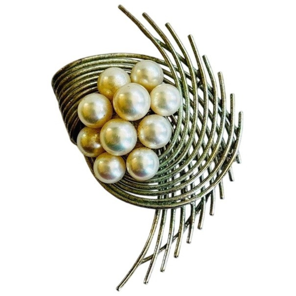 VTG Sculptural Whirl Pin Brooch Silver pearl chunky high end rare Modernist 2.5"